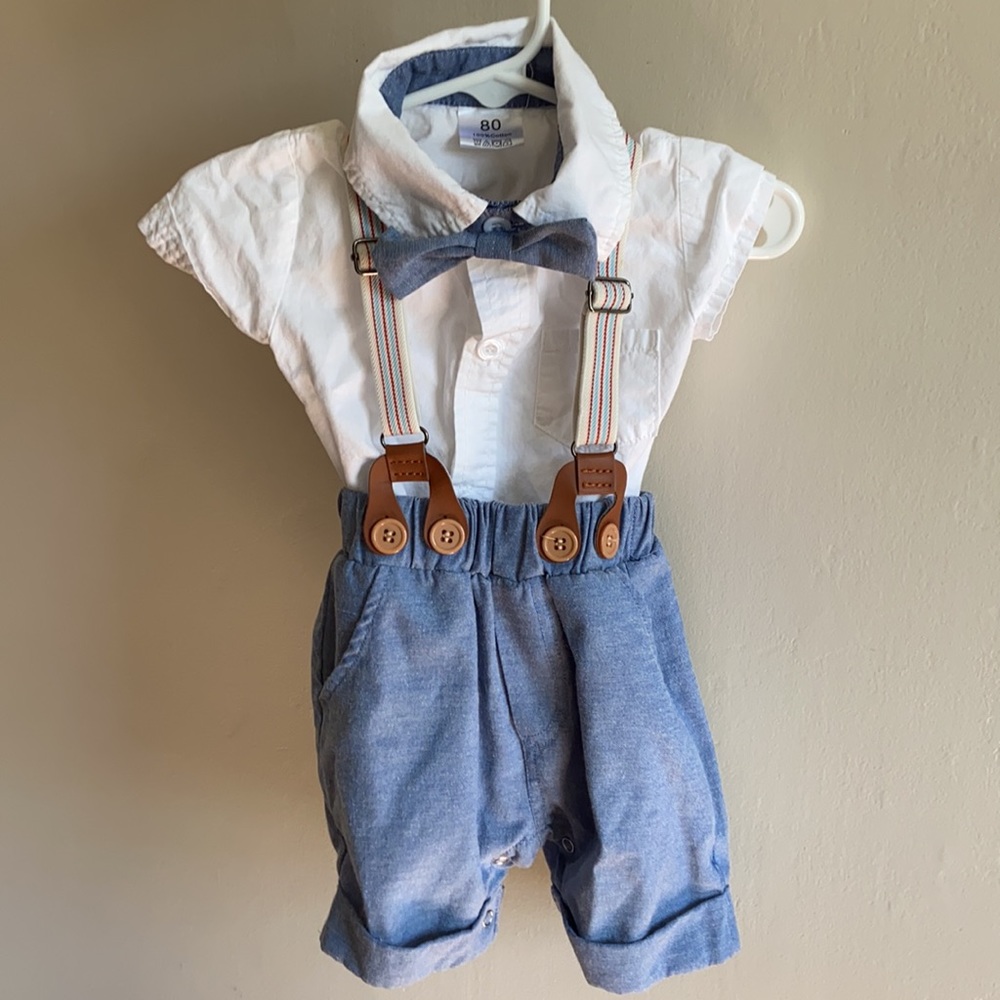 Three piece suspender shorts set with matching button down bodysuit and bow tie